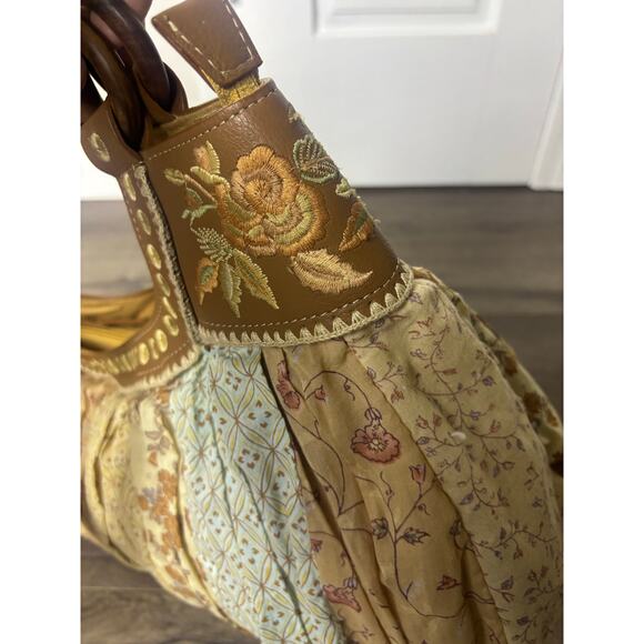 J Jill Boho Patchwork Floral Pleated Shoulder Bag Brown Beige Embroidered - Picture 4 of 12